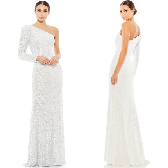 NWT Mac Duggal White Asymmetrical One Side‎ Full Sleeve Sparkly Sequin - Picture 1 of 8